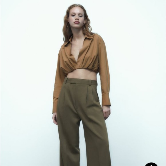 Zara Dark Tan Long Sleeve Cropped Poplin Button Front Shirt - Picture 1 of 14